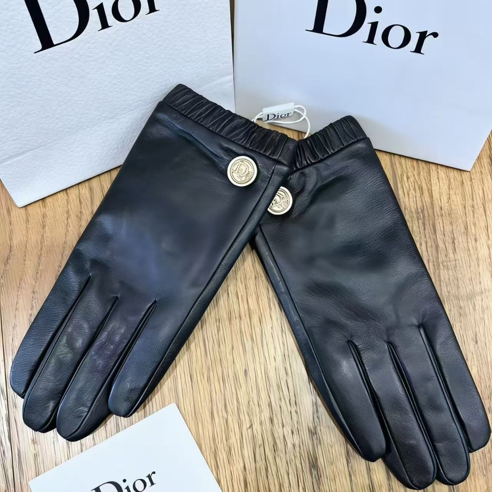 Dior Black Leather Logo Button Gloves
